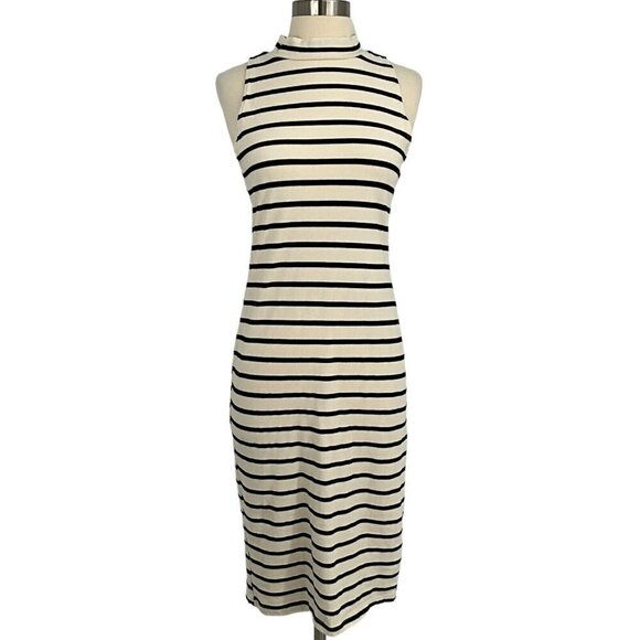 Monrow Size M Striped Midi Dress White Black Sleeveless Mock Neck Knee Length - Picture 1 of 11